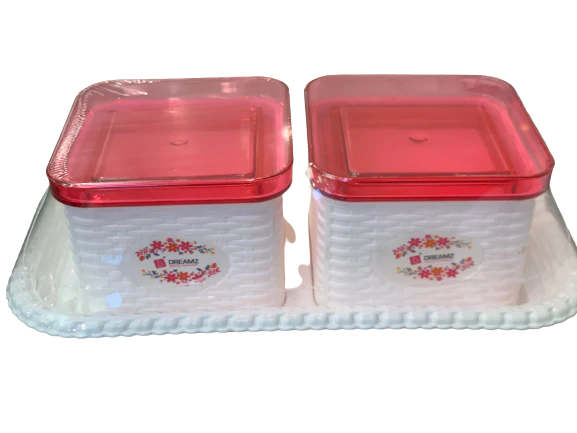 Dreamz Heavy Plastic Dry Fruit Set (2 Containers with Lid & 1 Serving Tray) Pink & White