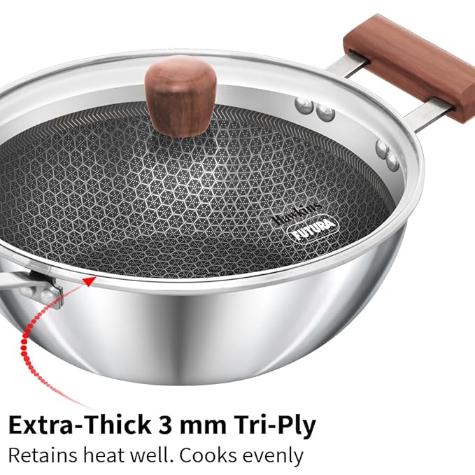 Hawkins 2.5 Litre Deep Kadhai, Triply Stainless Steel Shielded Nonstick Deep-Fry Pan with Rosewood Handle, Honeycomb Non Stick Induction Kadai, Silver (NSDK25G) - Image 7