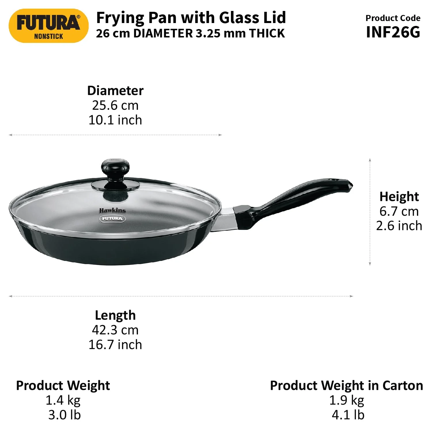 Hawkins Futura 26 cm Frying Pan, Nonstick Fry Pan with Glass Lid, Induction Non Stick Pan, Black (INF26G) - Image 2