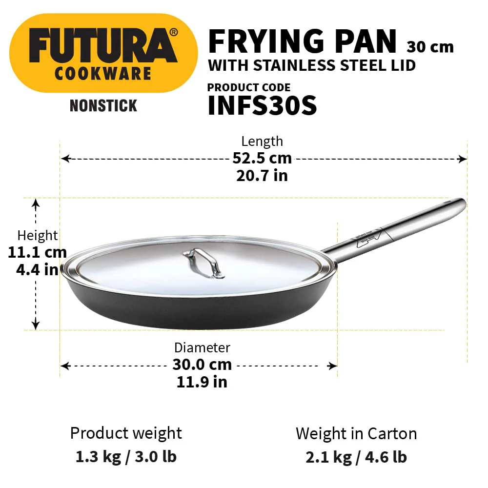 Hawkins Futura 30 cm Frying Pan, Non Stick Fry Pan with Stainless Steel Handle and Stainless Steel Lid, Induction Frying Pan, Big Frying Pan, Black (INFS30S) - Image 2