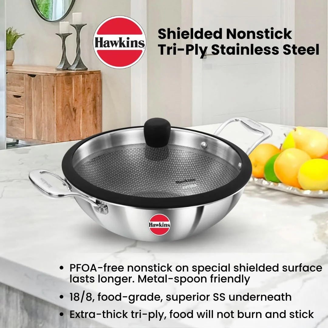 Hawkins Pro 3.5 Litre Shielded Nonstick Triply Deep-Fry Pan, Kadhai with Stainless Steel Handles and Glass Lid, Silver (PSNK35G) - Image 3