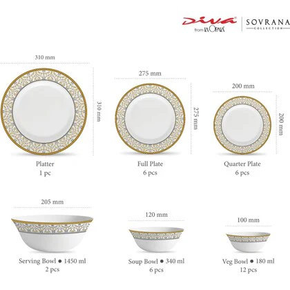 La Opala Diva, Sovrana Collection, Opal Glass Dinner Set 33 pcs, Moroccan Gold - Image 2