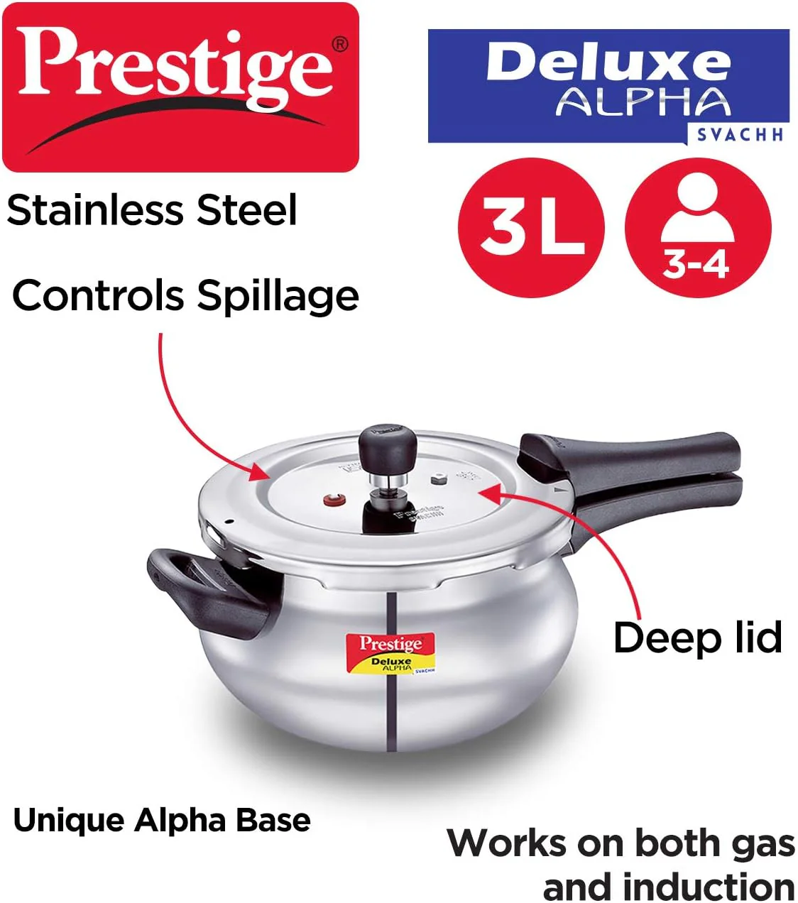 Prestige Alpha Deluxe Baby Handi Induction Base Stainless Steel Pressure Cooker, 2 litre, 3Litre,4Litre