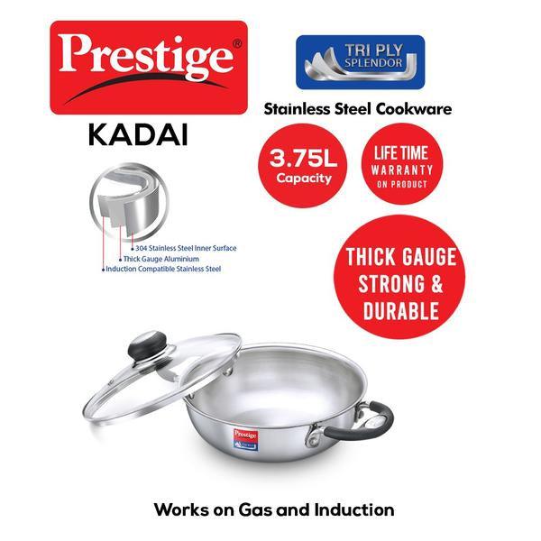 Prestige Tri Ply splender Kadai 260mm, 3.25 Litres