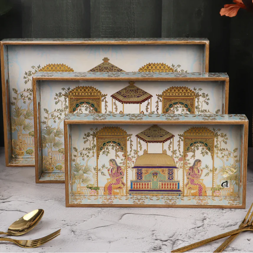 Serving Trays Set of 3 wooden assorted design - Image 3