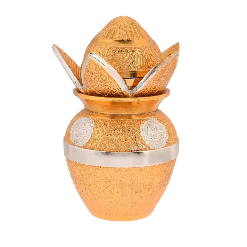 Silver and Gold Plated Pooja Kalash with Coconut and Leaves with Royal Velvet Box 3 PCS - Image 2