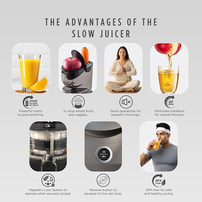 Sujata Cold Pressed Slow Juicer SJ01 | Ideal for Fruit, Vegetable Juices, Nut Milks, Smoothies & Frozen Desserts | Dual Feeding Chute | Reverse Function | Magnetic Safety Lock - Image 6
